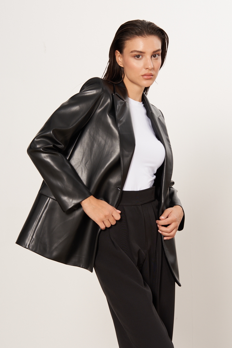 Suni Deri Blazer Ceket - Siyah