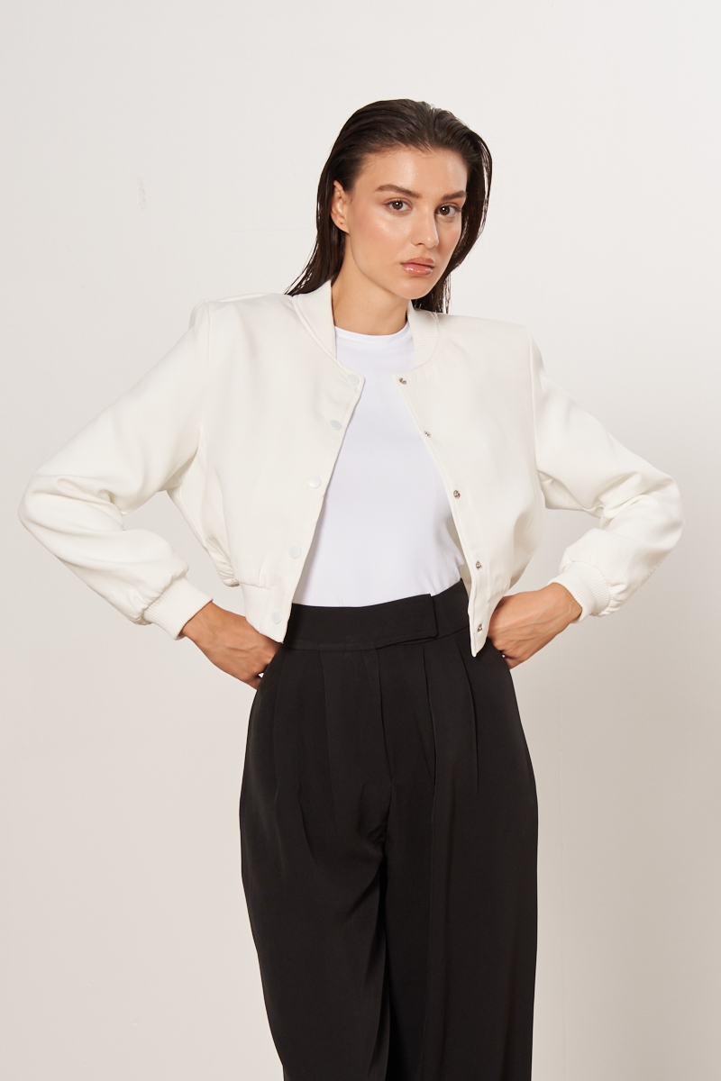 Crop Bomber Ceket - Beyaz