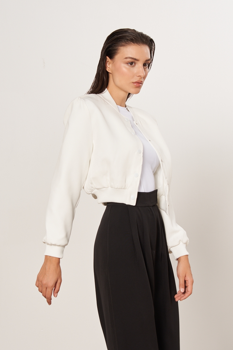 Crop Bomber Ceket - Beyaz