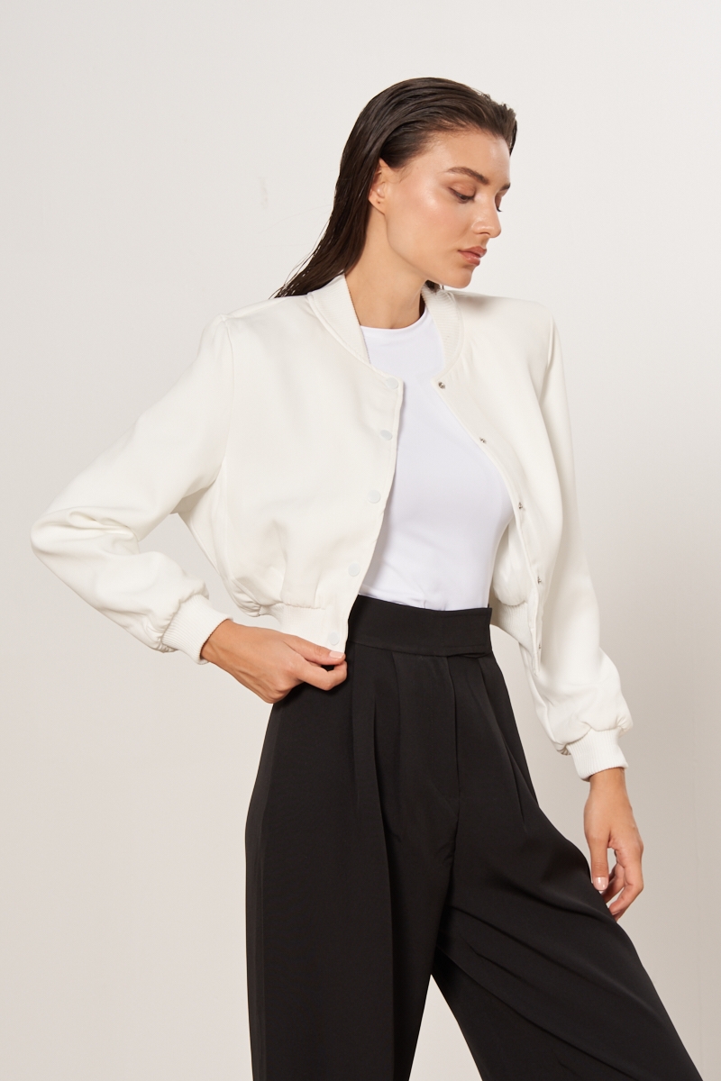 Crop Bomber Ceket - Beyaz