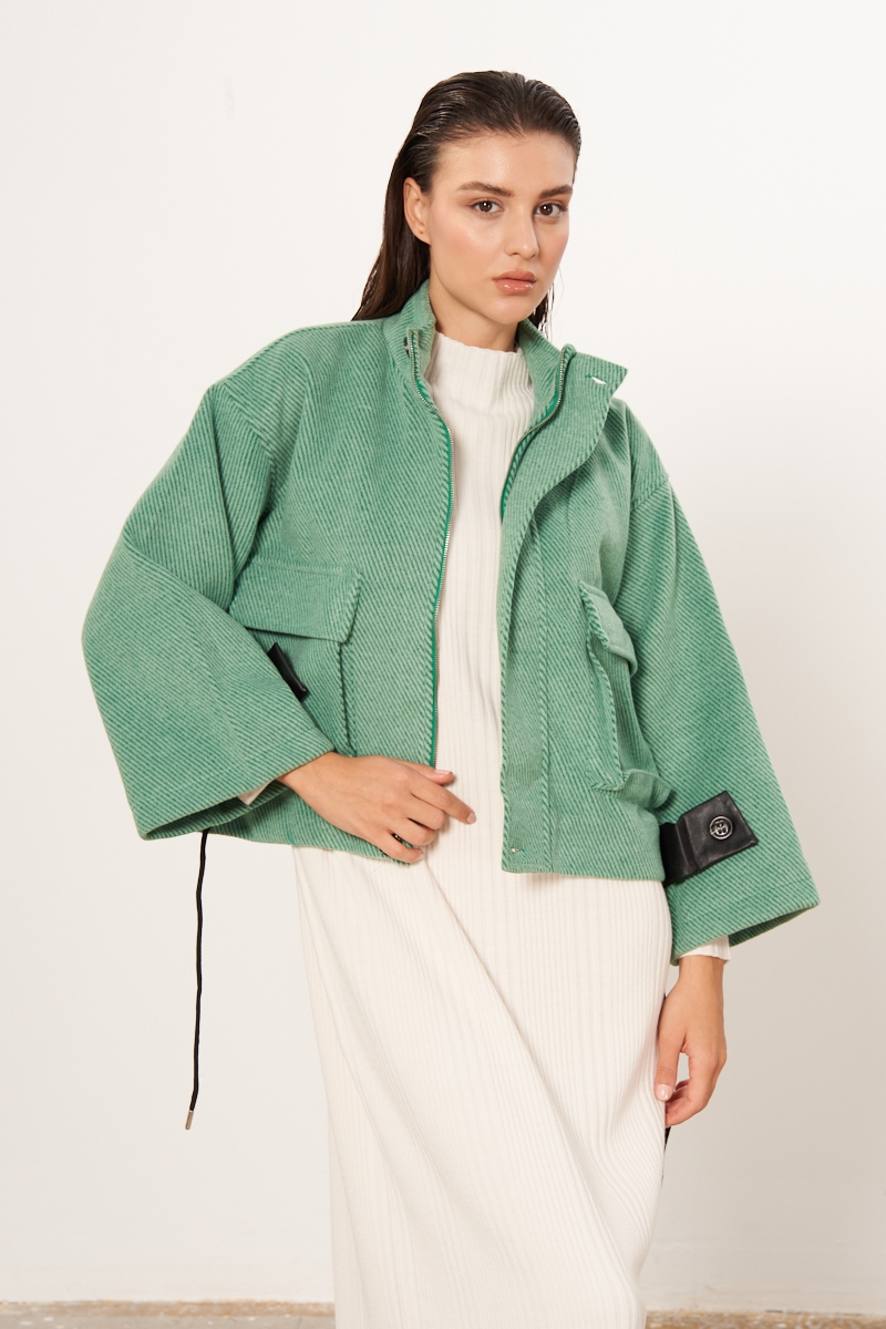 Balık Sırtı Kaşe Crop Ceket - Yeşil
