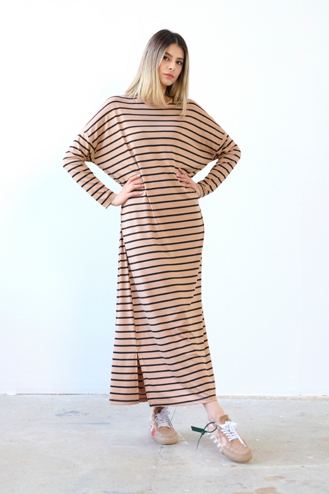 Çizgili Basic Elbise - Camel