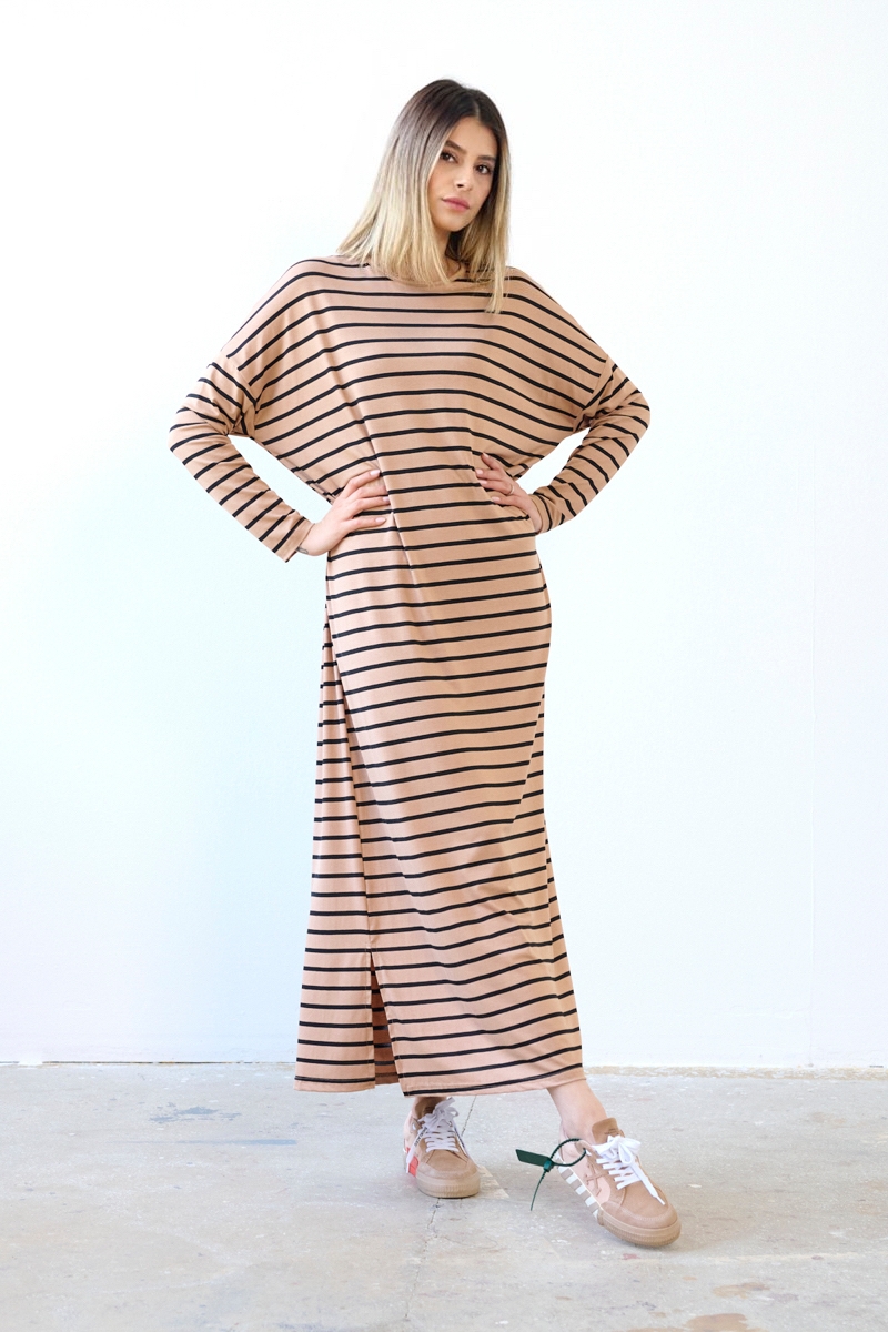 Çizgili Basic Elbise - Camel