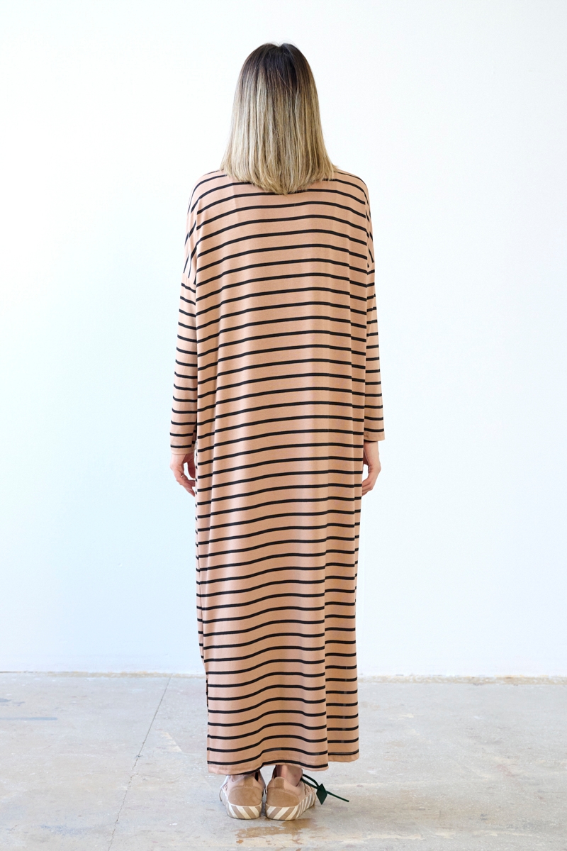 Çizgili Basic Elbise - Camel