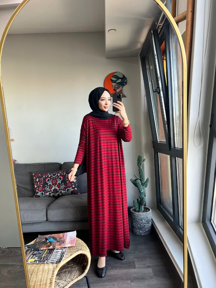 Çizgili Basic Elbise - Bordo
