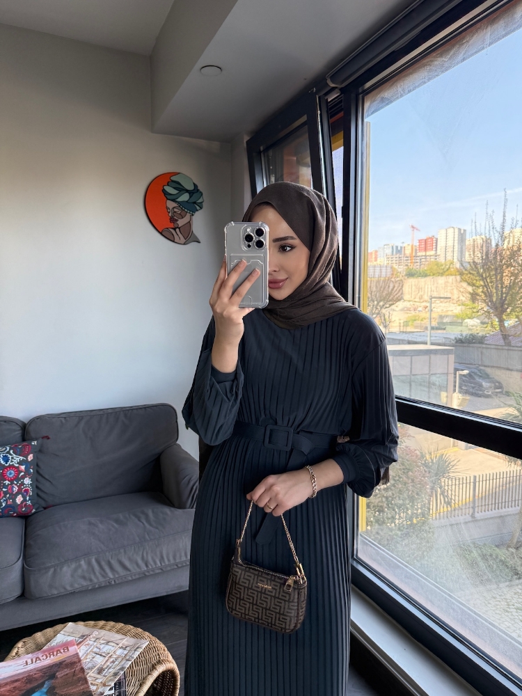 Kemerli Şık Elbise - Antrasit