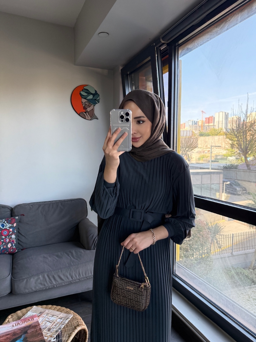 Kemerli Şık Elbise - Antrasit