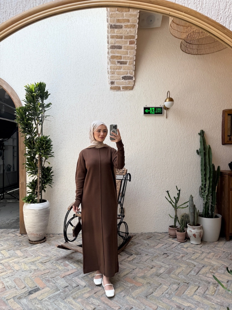 Carla Triko Tesettür Elbise - Kahve 