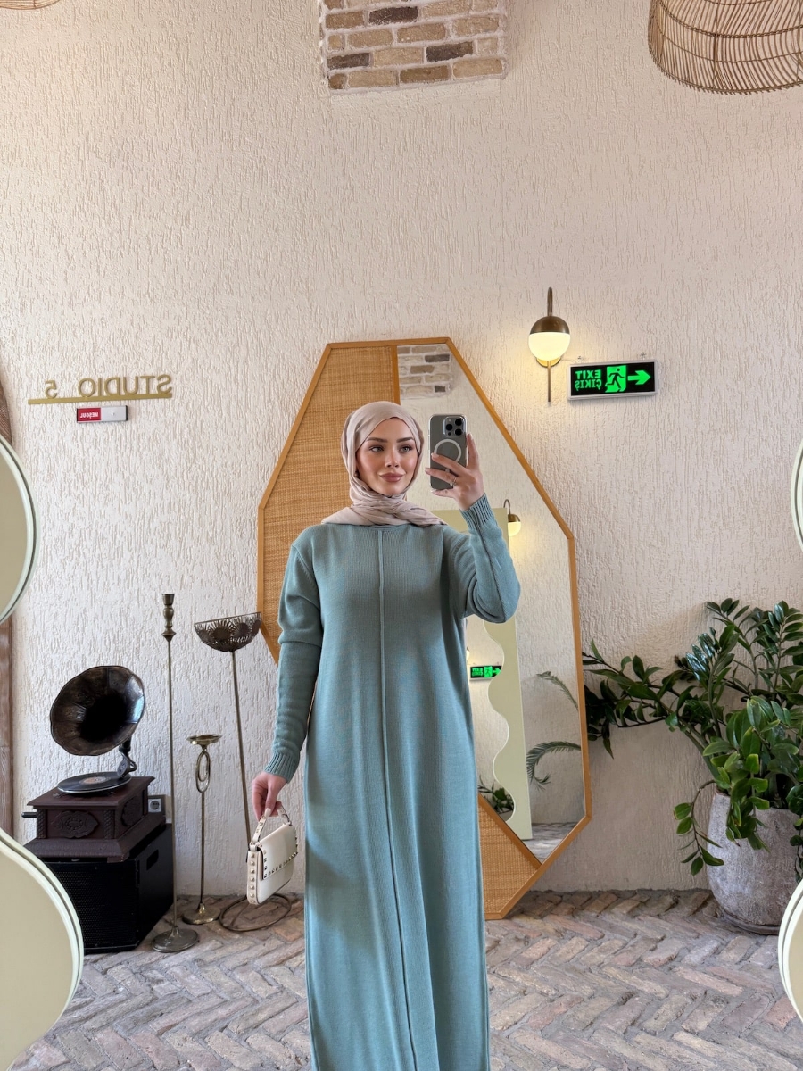 Carla Triko Tesettür Elbise - Mint