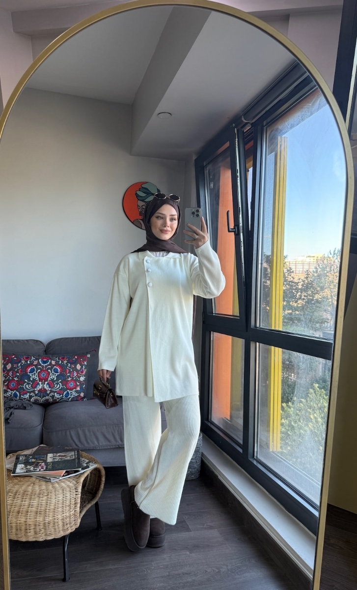 Massimo Triko Tesettür İkili Takım - Ekru