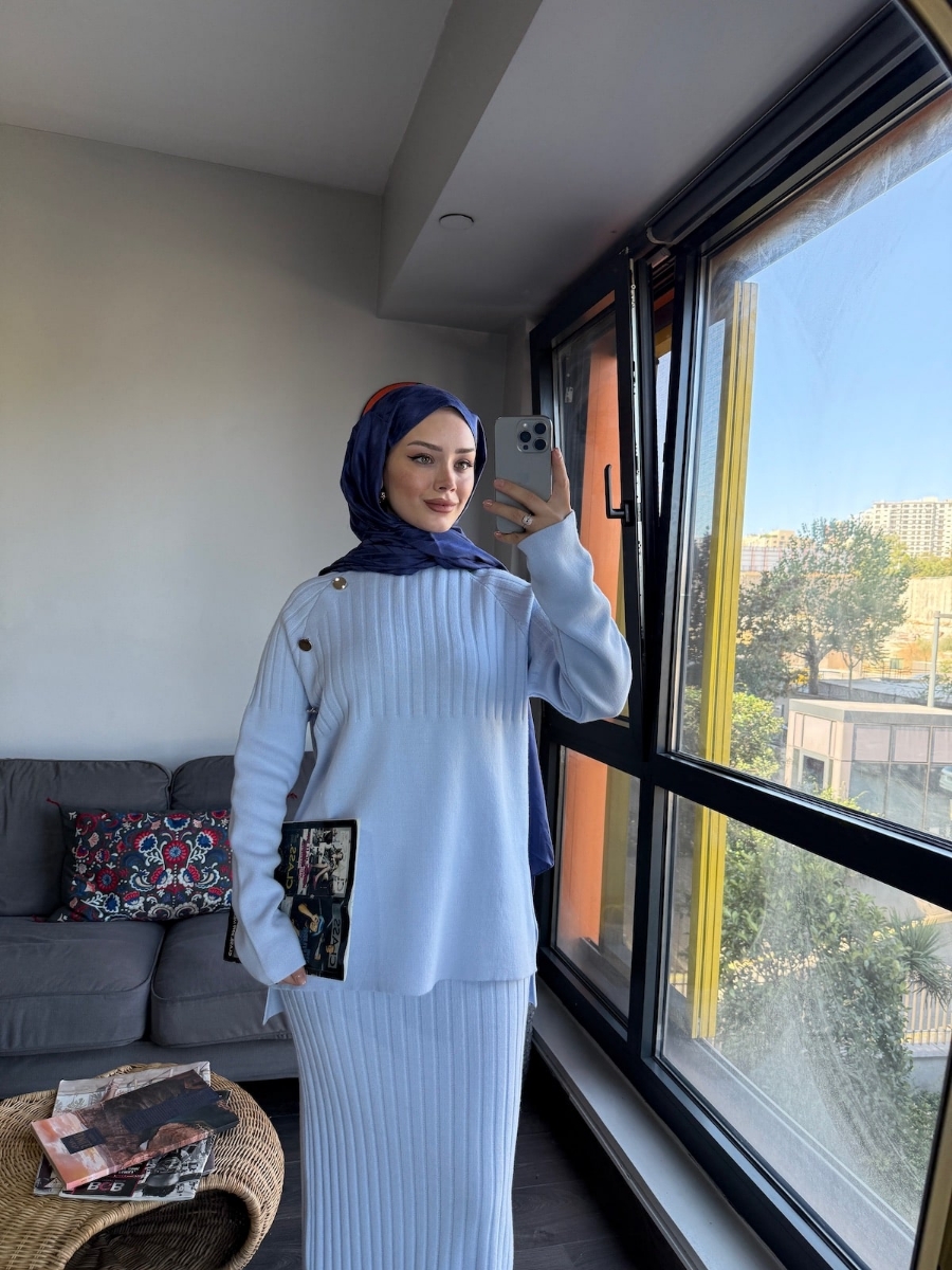 Punto Etekli Tesettür İkili Triko Takım - Bebe Mavisi