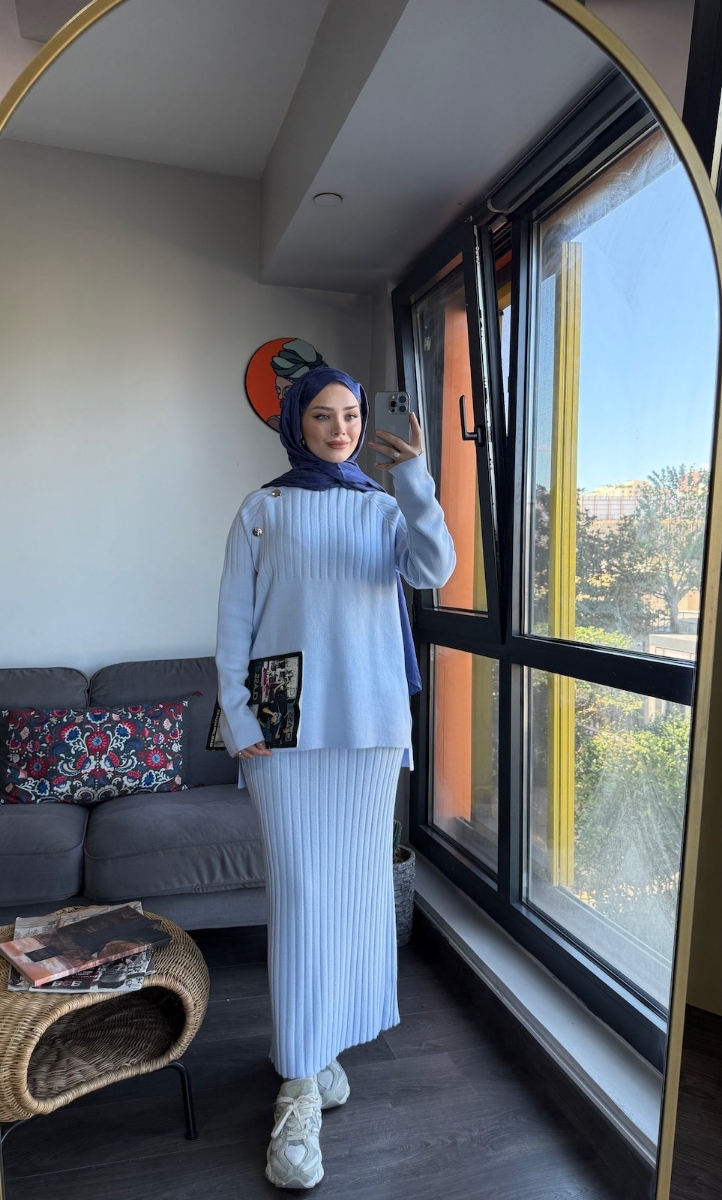 Punto Etekli Tesettür İkili Triko Takım - Bebe Mavisi