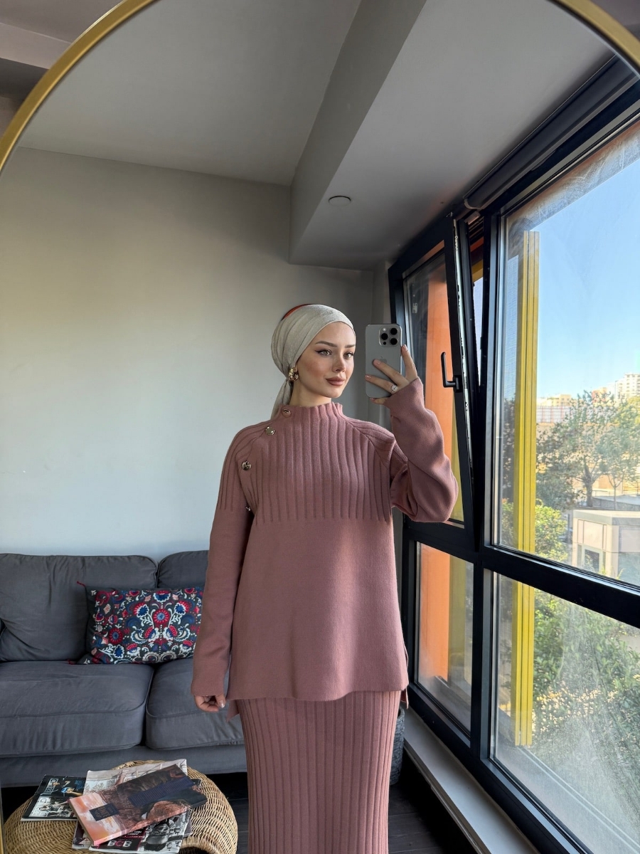 Punto Etekli Tesettür İkili Triko Takım - Gül