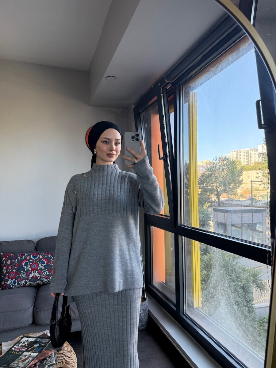 Punto Etekli Tesettür İkili Triko Takım - Gri