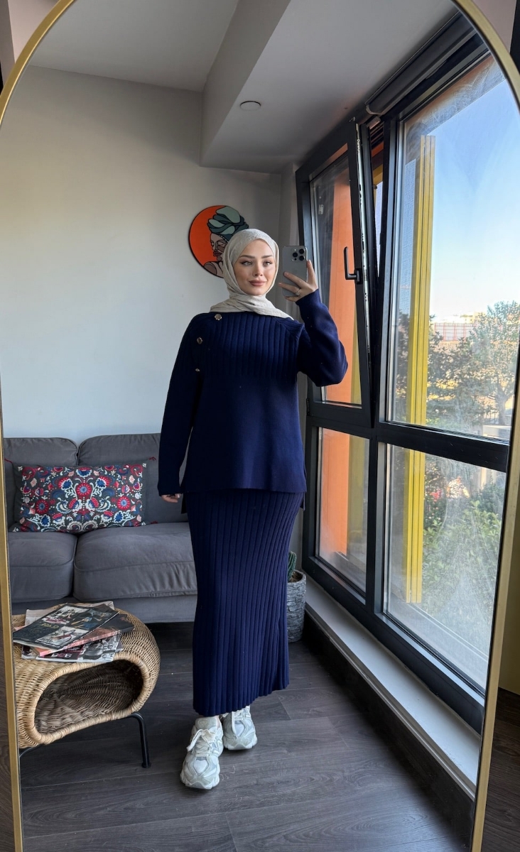 Punto Etekli Tesettür İkili Triko Takım - Lacivert