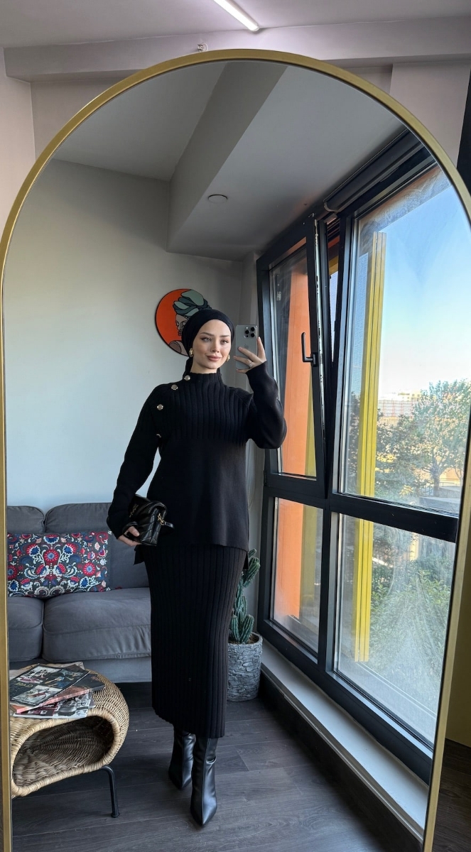 Punto Etekli Tesettür İkili Triko Takım - Siyah