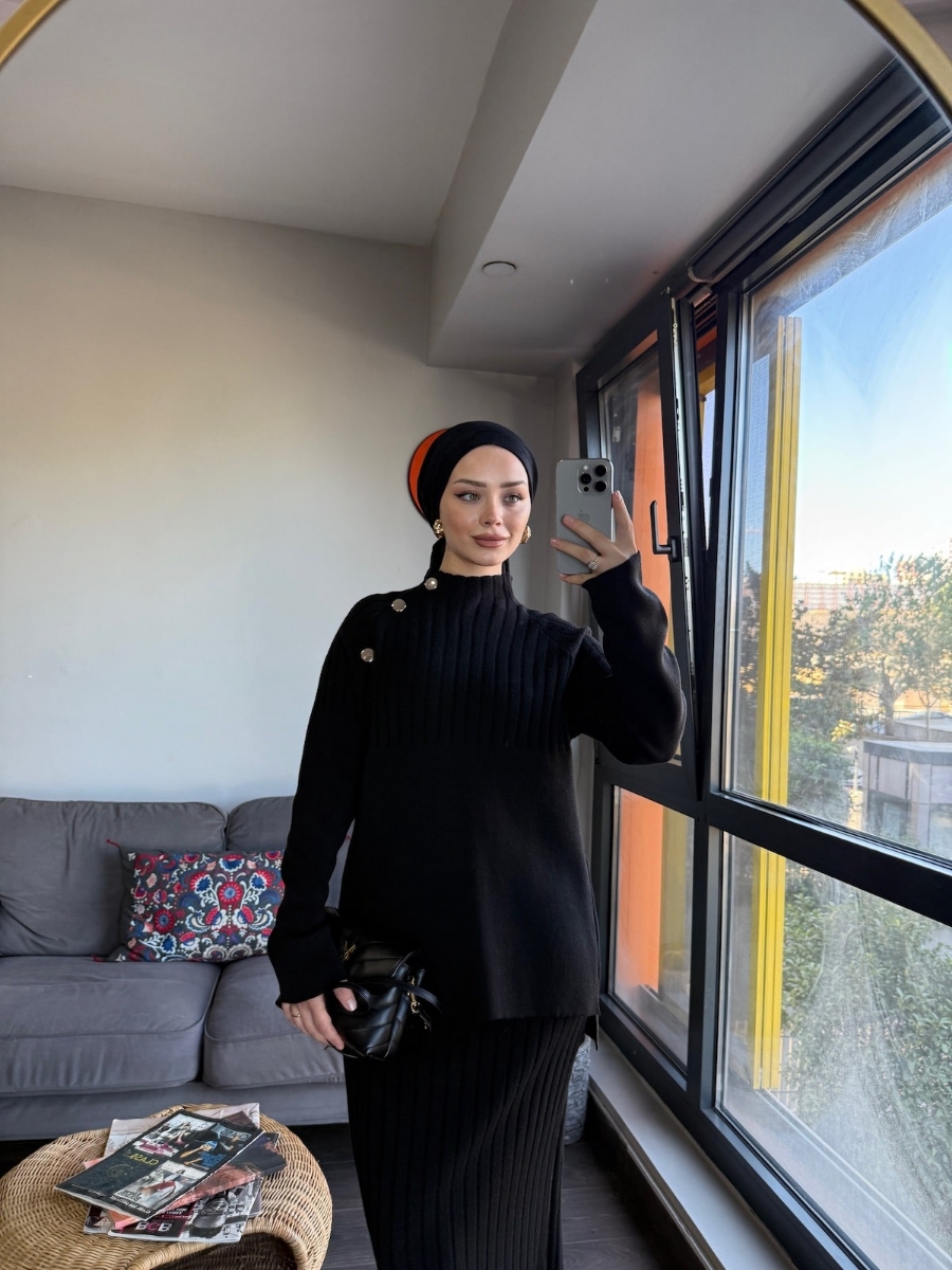 Punto Etekli Tesettür İkili Triko Takım - Siyah