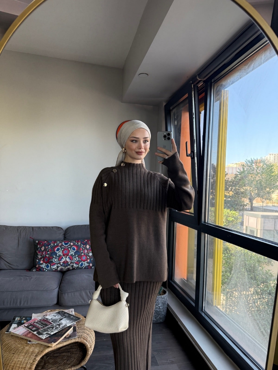 Punto Etekli Tesettür İkili Triko Takım - Kahve