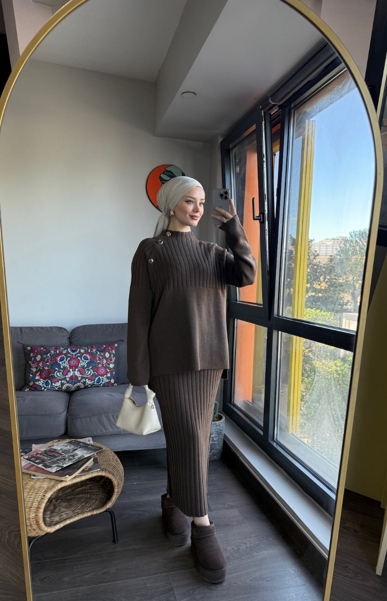 Punto Etekli Tesettür İkili Triko Takım - Kahve