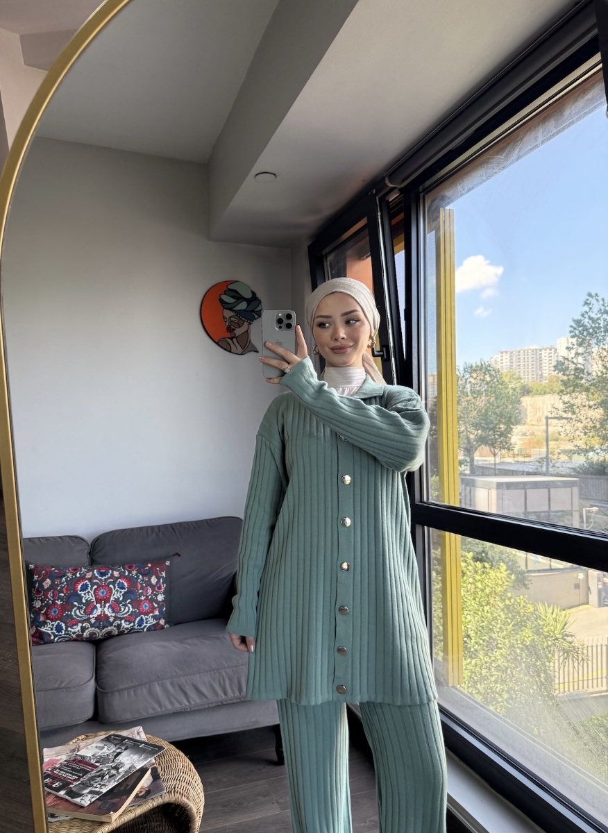 Full Düğmeli İkili Tesettür Şık Triko Takım - Mint