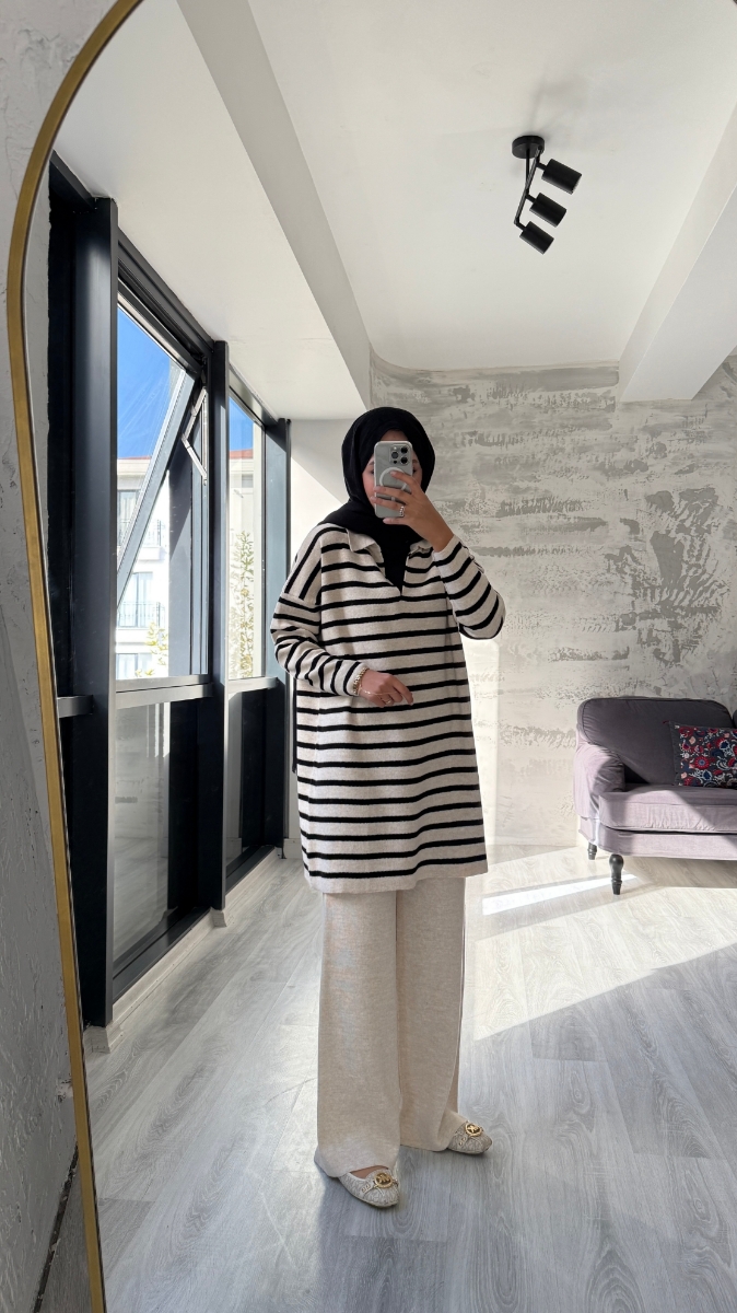 Thin Çizgili Tesettür Triko İkili Takım - Taş