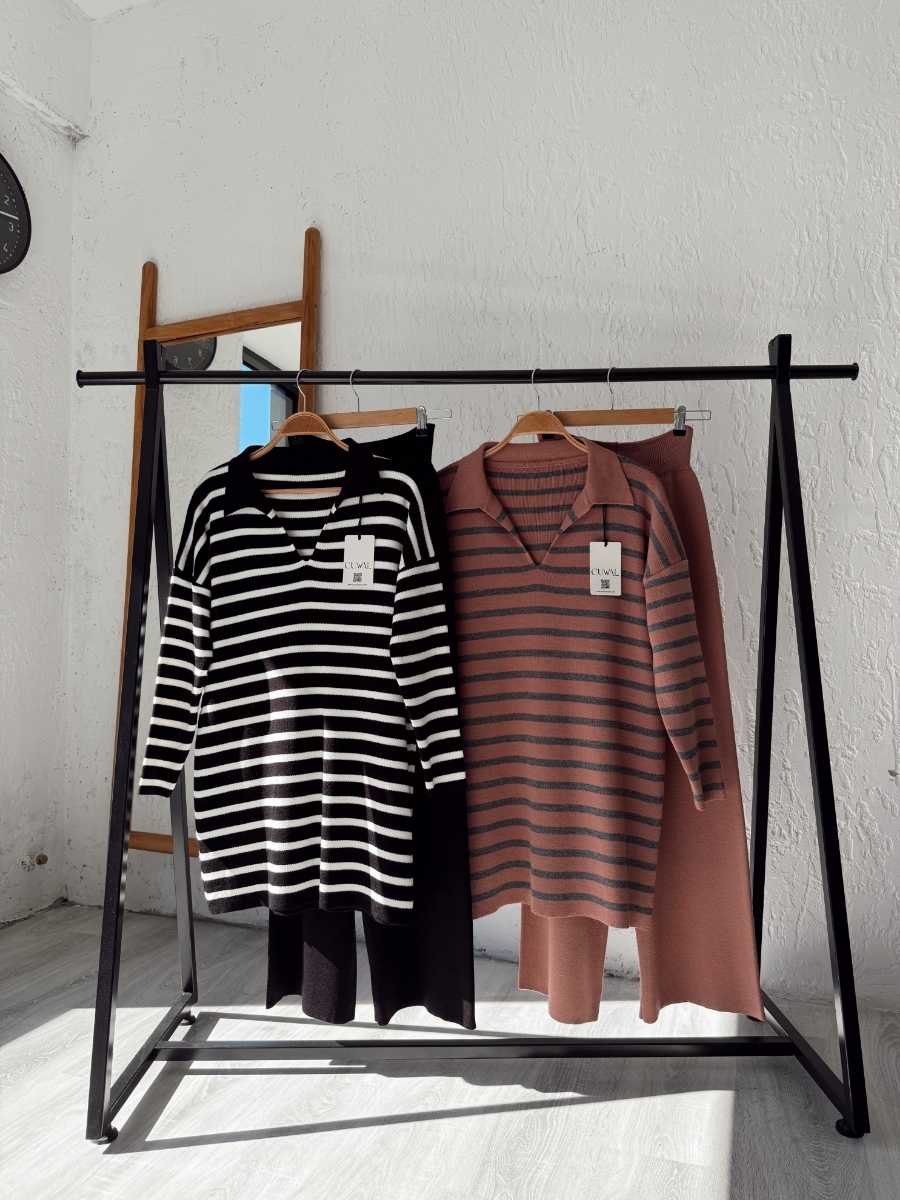 Thin Çizgili Tesettür Triko İkili Takım - Siyah