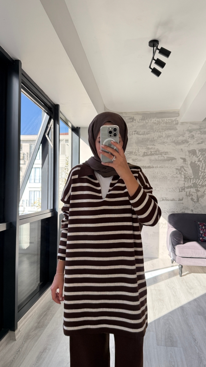 Thin Çizgili Tesettür Triko İkili Takım - Kahve