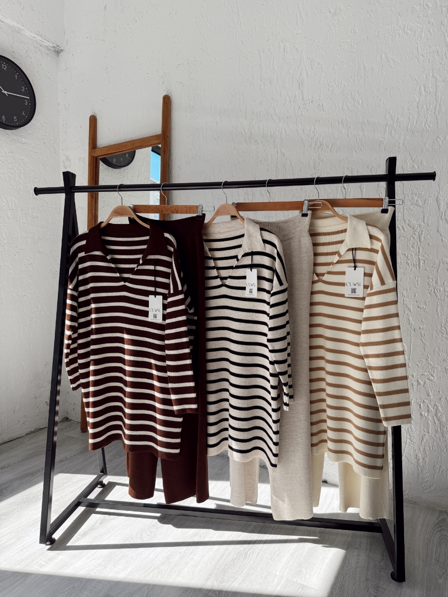 Thin Çizgili Tesettür Triko İkili Takım - Kahve