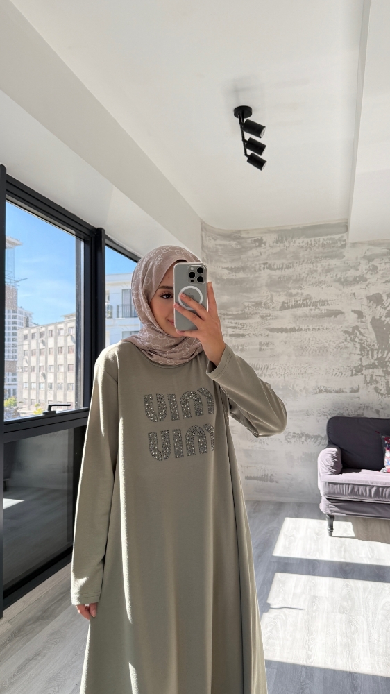 Taş Desenli Penye Tesettür Elbise - Mint