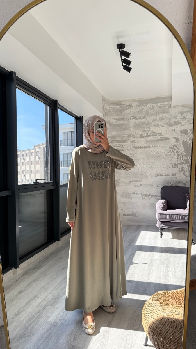 Taş Desenli Penye Tesettür Elbise - Mint