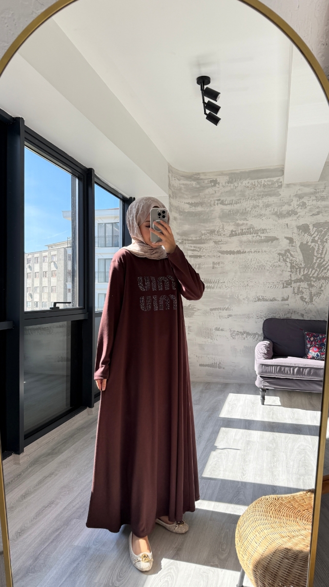 Taş Desenli Penye Tesettür Elbise - Kahve