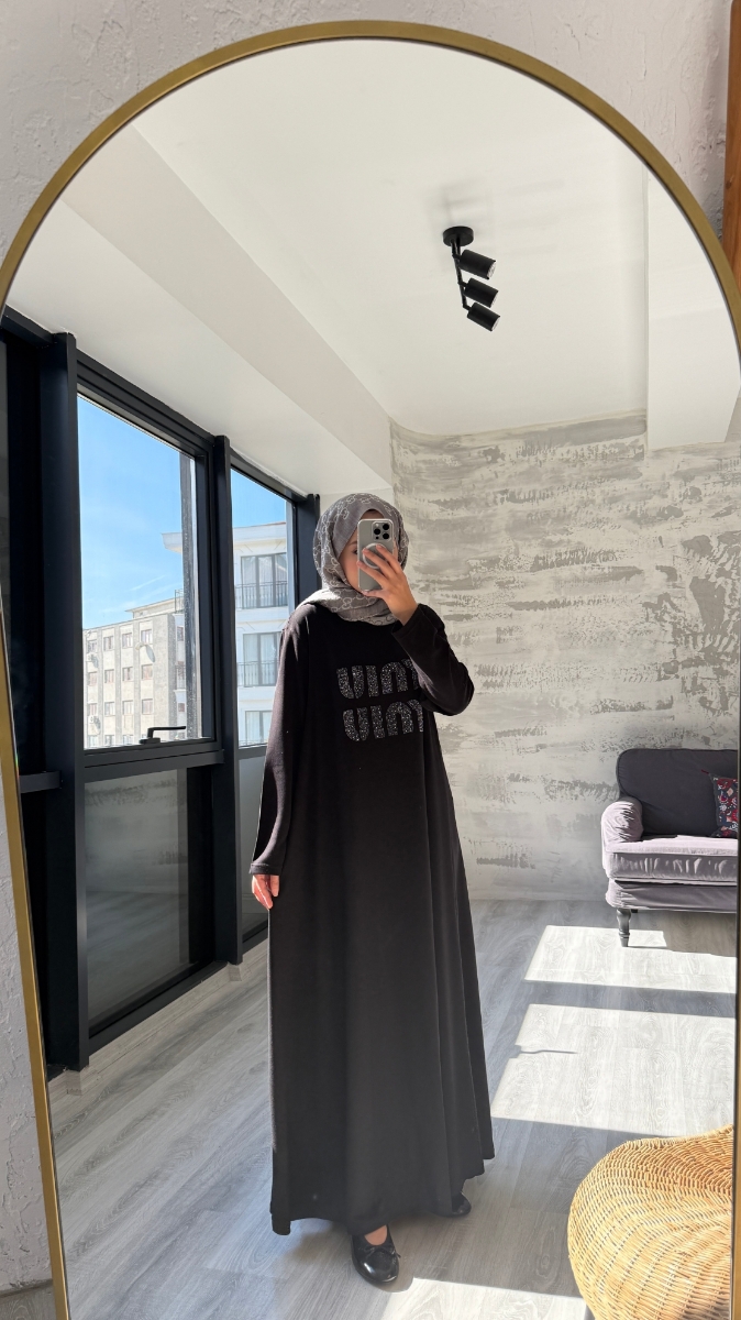 Taş Desenli Penye Tesettür Elbise - Siyah