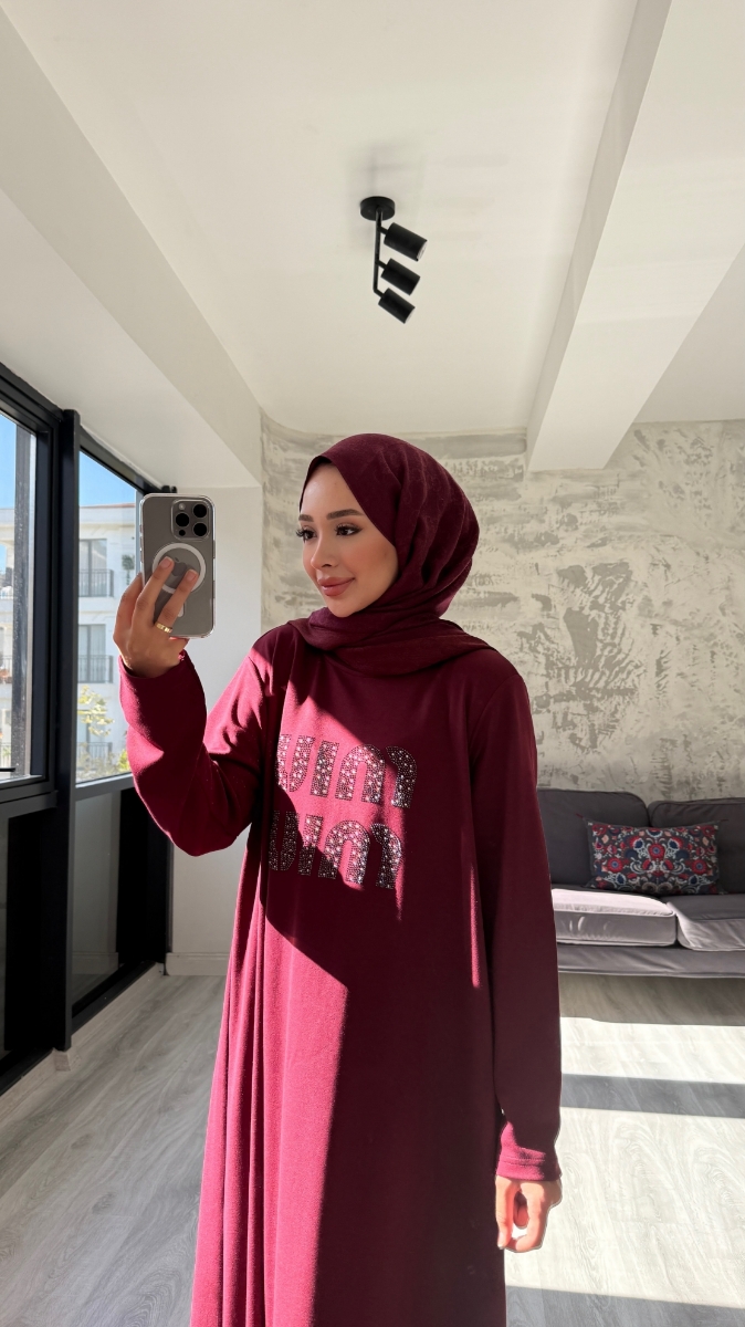 Taş Desenli Penye Tesettür Elbise - Bordo