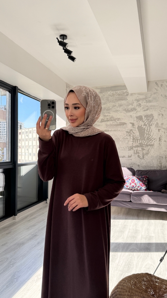 Düz Penye Tesettür Elbise - Kahve