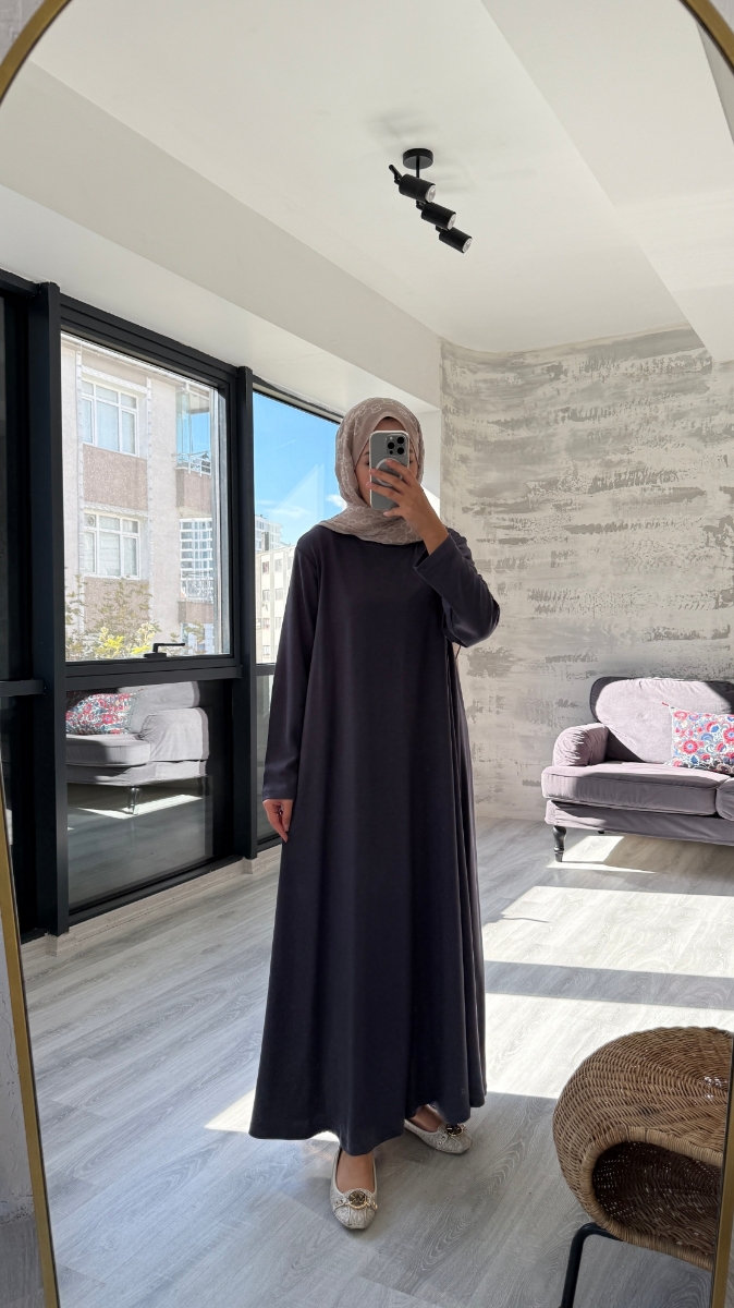 Düz Penye Tesettür Elbise - Antrasit