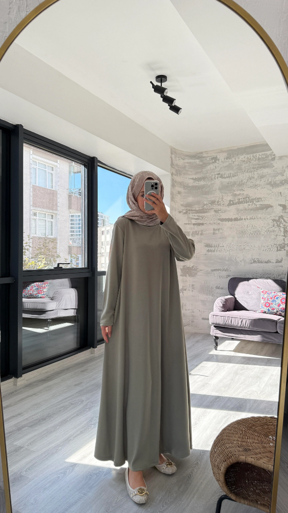 Düz Penye Tesettür Elbise - Mint