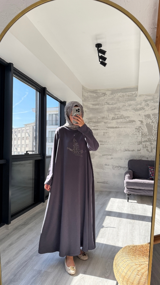 Taşlı Kuş Desenli Penye Tesettür Elbise - Antrasit
