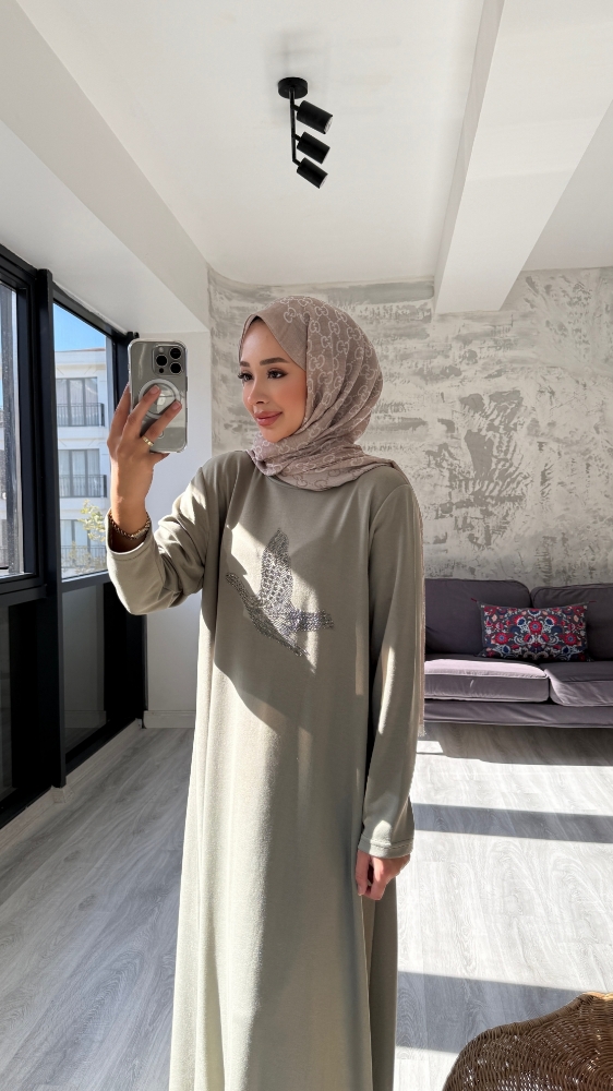 Taşlı Kuş Desenli Penye Tesettür Elbise - Mint