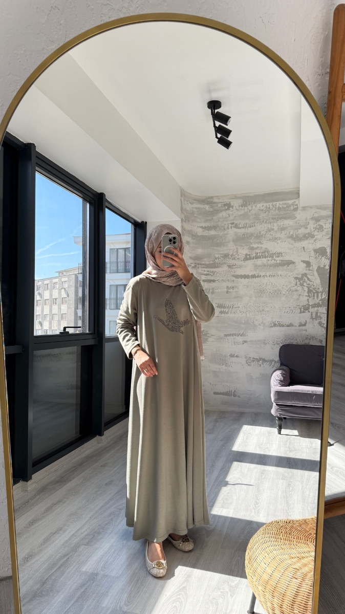 Taşlı Kuş Desenli Penye Tesettür Elbise - Mint