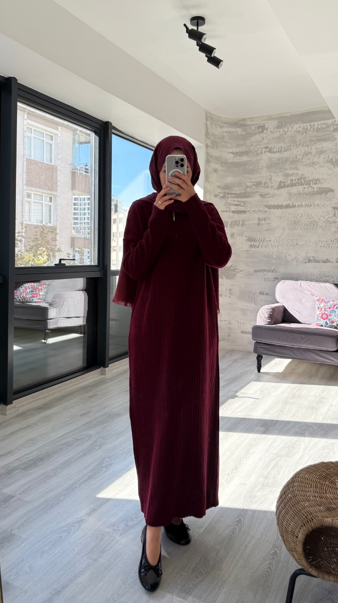 Fermuarlı Basic Triko Tesettür Elbise - Bordo