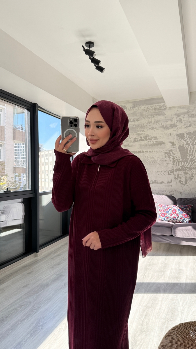 Fermuarlı Basic Triko Tesettür Elbise - Bordo