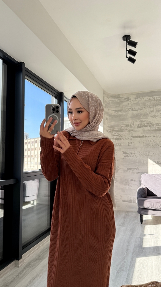 Fermuarlı Basic Triko Tesettür Elbise - Kiremit