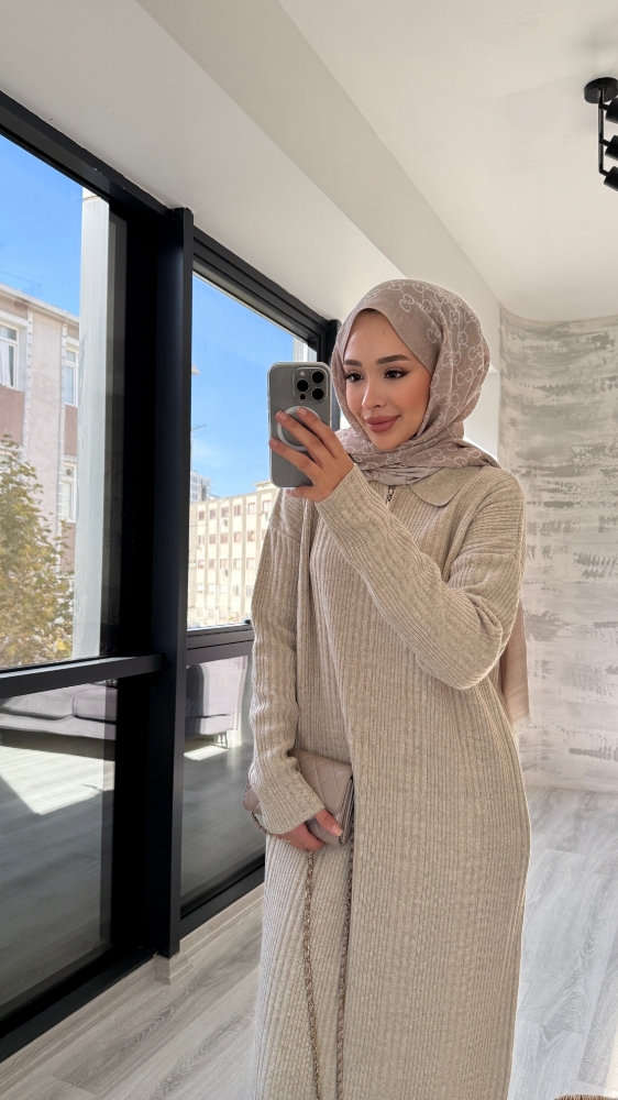 Fermuarlı Basic Triko Tesettür Elbise - Taş