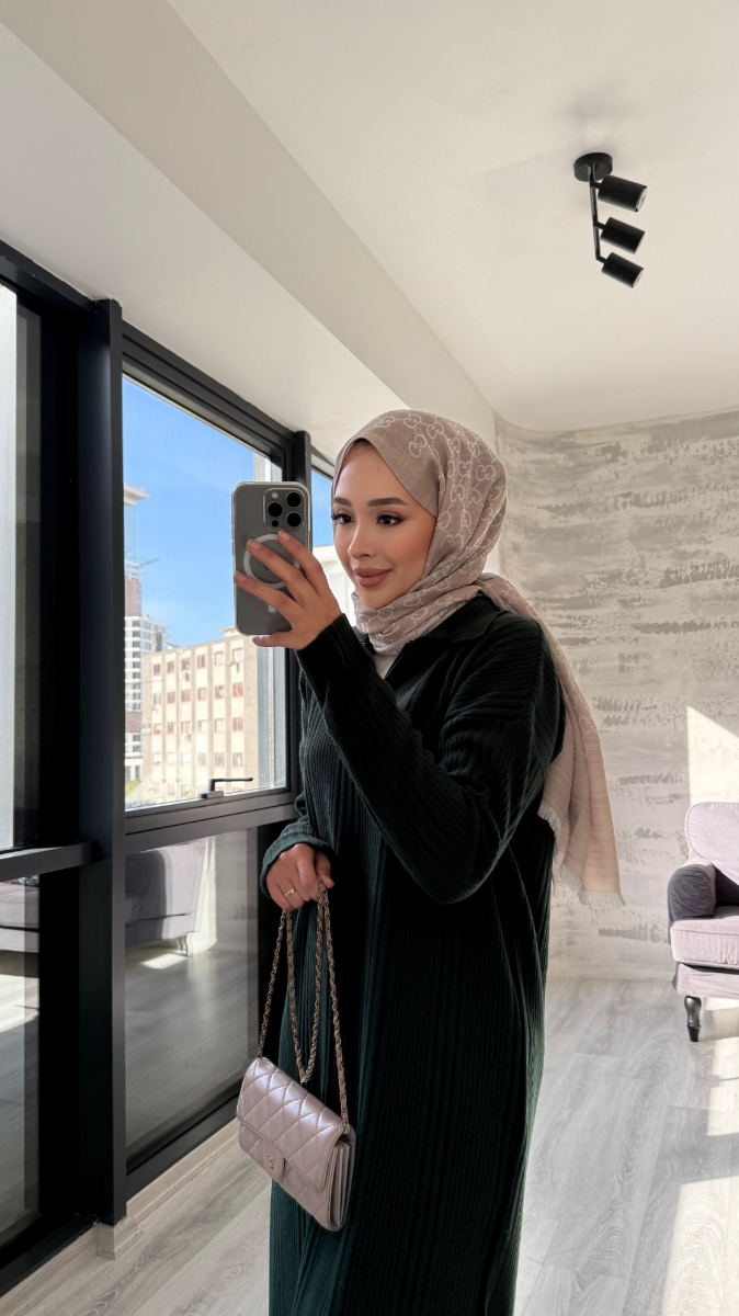 Fermuarlı Basic Triko Tesettür Elbise - Zümrüt