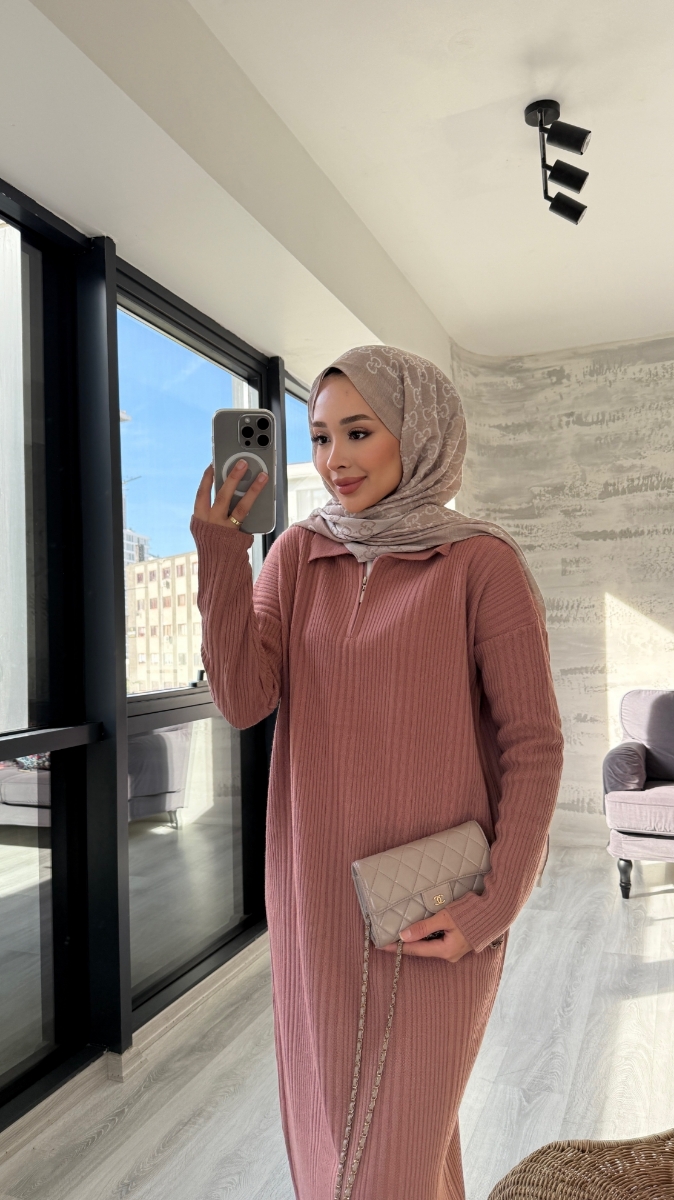 Fermuarlı Basic Triko Tesettür Elbise - Gül